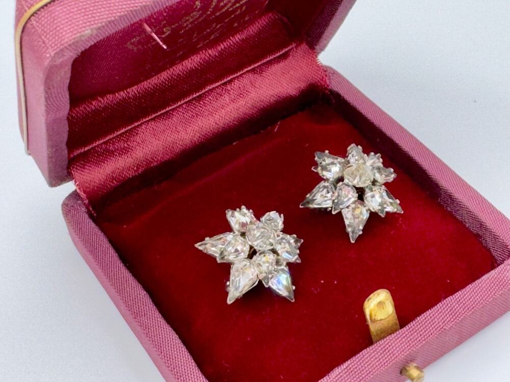 Vintage Brooch Rhinestone Starburst Layered Atomic Pear Navette Clear Large